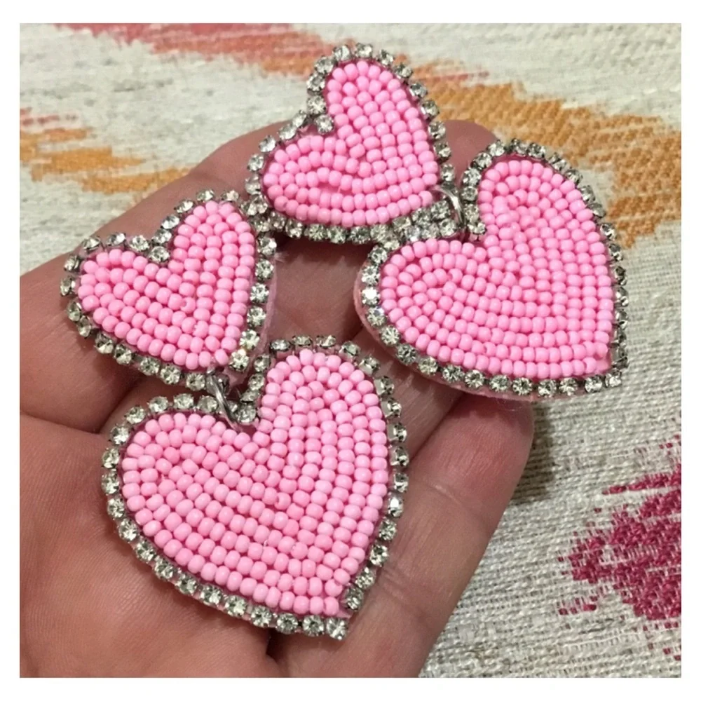 New! Large Pink Bead Rhinestone Hearts Studded Earrings